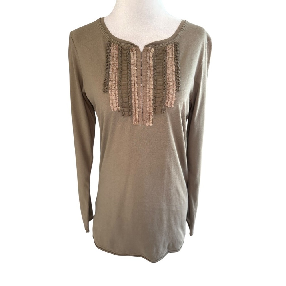 Eddie Bauer Womens Medium Long Sleeve Cotton Ruffle Bib Top Olive Green Boho
